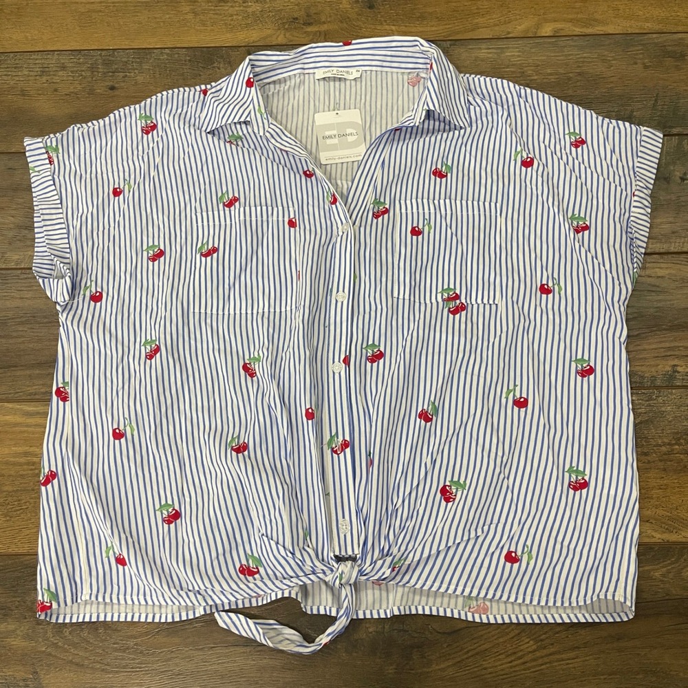 Emily Daniels Cherry Print Striped Tie Front Button Up Shirt Blue White 2X NEW